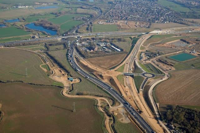 Part of the new Brampton interchange, with the A1 running left to right and the future A14 running over it before rejoining the old A14 at Ellington.