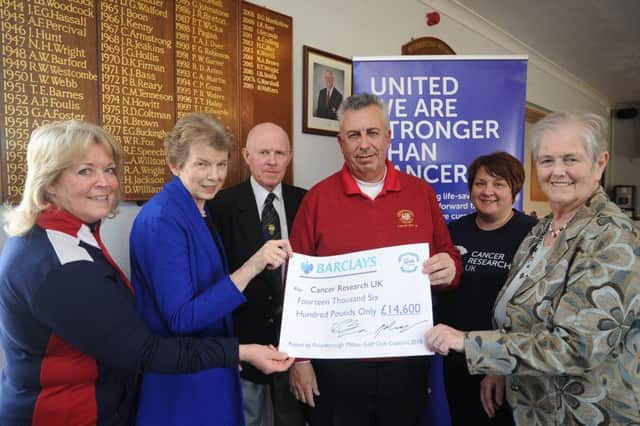 Milton Golf Club cheque presentation from  Ross Cuthbert (Milton Golf Club ladies past captain) , Graham Beer (Senior Captain) and Graham Marshall (2018 Club Captain) to Annette Beeton, Anne Lynch and Jo Marriott representing Cancer Research UK. EMN-190316-111156009