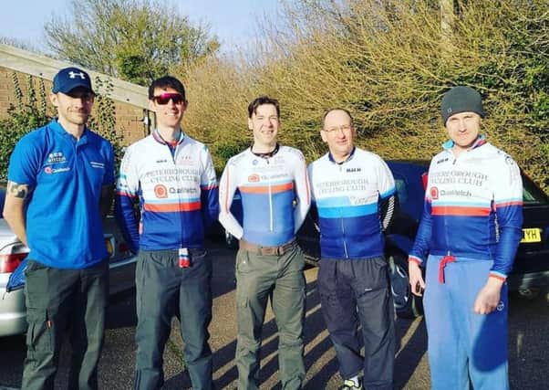 The Peterborough Cycling Club team. From the left they are James Boardley, Paul Pardoe,  Adrian McHale, Phil Jones and Matt Senter.