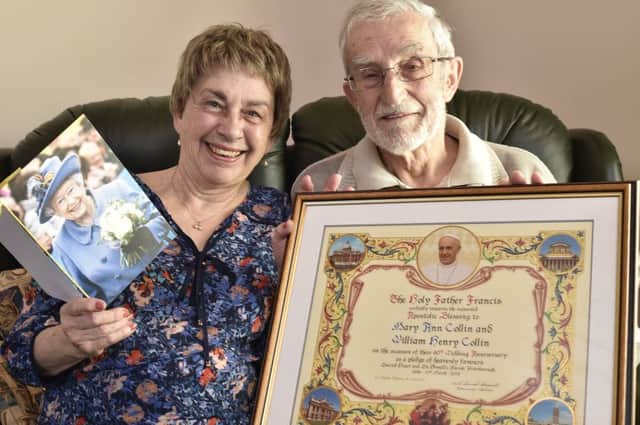 Diamond wedding couple Mary and Bill Collin who received a card from the Queen and a certificate from Pope Francis EMN-190326-071606009