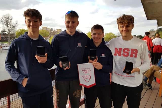 Peterborough Citys victorious J16 quad of Ted Smith, Callum Gilbey, Thomas Bodily and Thomas Jackson.