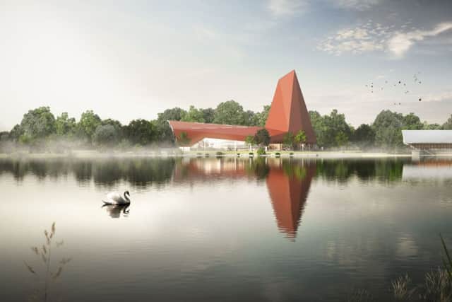 This image shows how the Climbing Wall might appear from Gunwade Lake, in Ferry Meadows.