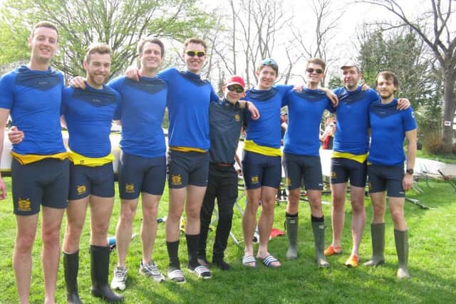 Peterborough City Rowing Clubs victorious eight. They are Mike King, Sam Bates, Damen Sanderson, George Bushell, Tom Calver, Jack Collins, George Wilson, Stuart Holmes and Chris Elder.