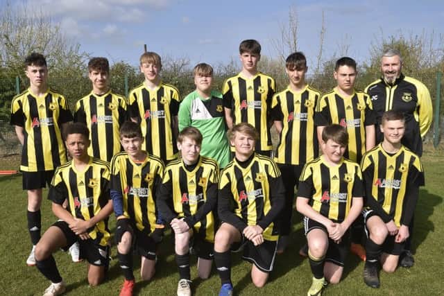 Crowland Under 15s before their 3-1 defeat by Whittlesey Blue. From the left they are, back,  Josh Marshall, Charlie Allport, Archie Makepeace-Beech, Isaac Rudd, George Harden, Alex Ward, Joseph Hughes, James Cook, front, Mason Hibbert, Guytis Palacionis, Adam Mathieson, Brandon Coupland, Hadley Saunders and Luke Leighton.