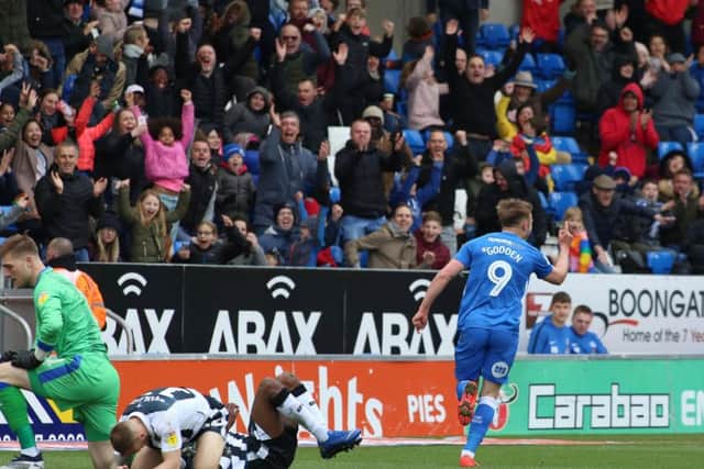 Matt Godden celebrates the second goal for Posh against Gillingham. Photo: Joe Dent/theposh.com.