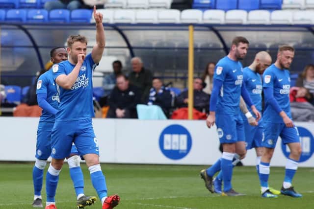 Matt Godden celebrates his goal for Posh against Gillingham.  Photo: Joe Dent/theposh.com.