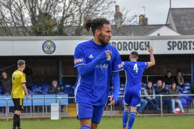 Josh McCammon celebrates his goal for Peterborough Sports against Sutton Coldfield. Photo: James Richardson.