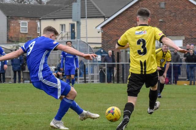 Mark Jones scores for Peterborough Sports against Sutton Coldfield. Photo: James Richardson.