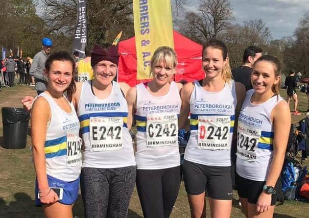 Peterborough AC runners who did well in the National Road Relays. From the left are Daniella Hart, Sarah Caskey, Wendy Perkins, Sophie Watson and Louise Morgan.