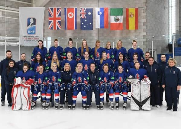 The GB Womens ice hockey team featuring Kim Lane (seated third from the left).