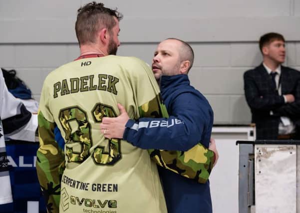 Phantoms# man of the match Ales Padelek is consoled by head coach Slava Koulikov after defeat against Hull. Photo: ©2018 Tom Scott. All rights reserved.
