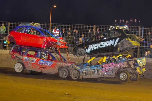 Brett Jackson paired up with Aaron Colbert in the Siamese Bangers last year (121 / 551) and is seen here exchanging a stiff head-on with the Kings Lynn pairing of Kieran Bowman and Robert Betts.