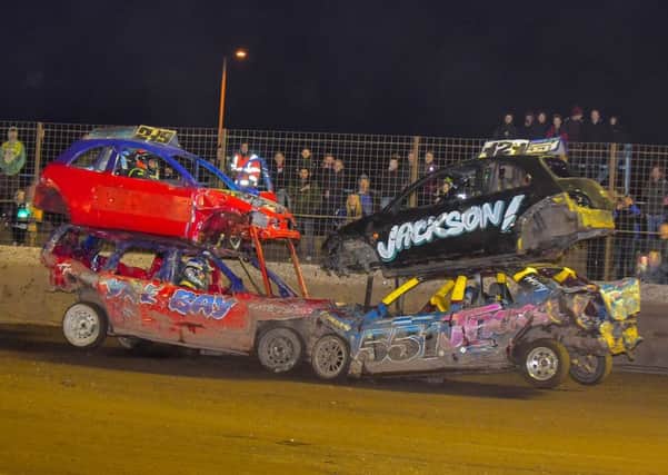 Brett Jackson paired up with Aaron Colbert in the Siamese Bangers last year (121 / 551) and is seen here exchanging a stiff head-on with the Kings Lynn pairing of Kieran Bowman and Robert Betts.