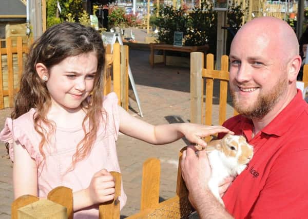 Van Hage garden centre, Eye opening of their mini farm. Store manager  Luke Hopkins with rabbits and  Lyla Graves (7) EMN-190420-144352009