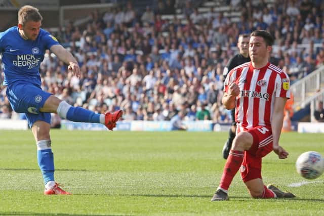Matt Godden scores for Posh against Sunderland. Photo: Joe Dent/theposh.com.