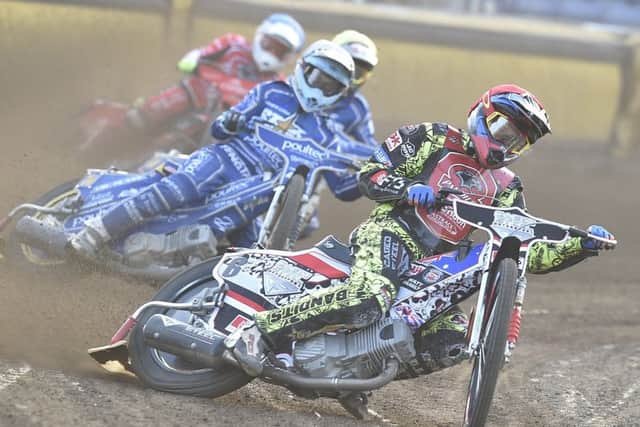 Rohan Tungate in front for Peterborough Panthers against King's Lynn in Heat six. Photo: David Lowndes.