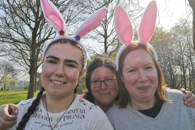 Rotary Club of Peterborough Easter Bunny Run around Ferry Meadows. Runners Anna Bane, Kathryn Bain and Anita Garfoot EMN-190422-222302009