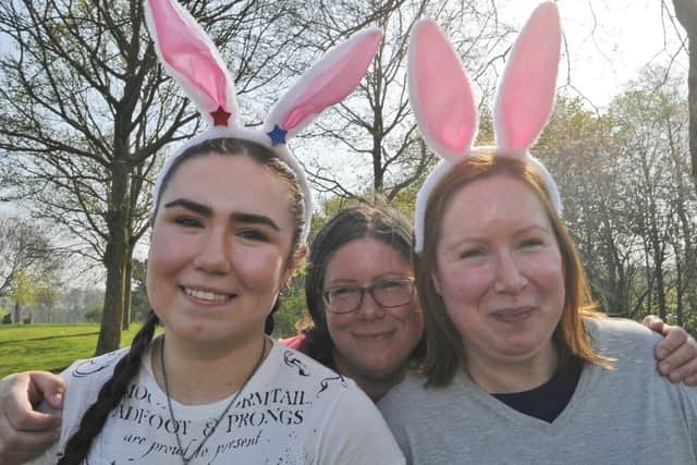 Rotary Club of Peterborough Easter Bunny Run around Ferry Meadows. Runners  Anna Bane, Kathryn Bain and Anita Garfoot EMN-190422-222302009