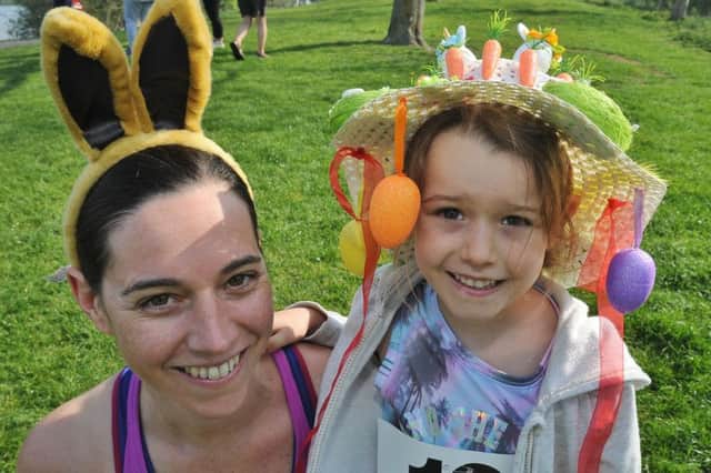 Rotary Club of Peterborough Easter Bunny Run around Ferry Meadows. Runners Molly Andrew (5) and Laura Andrew EMN-190422-222313009