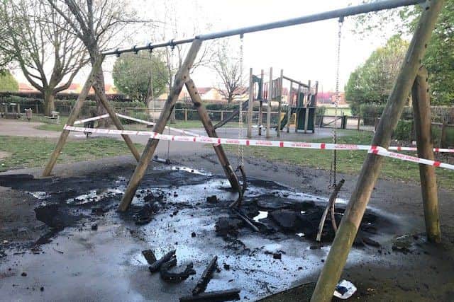 Damage to the play park in Bretton. Photo: Cambridgeshire Fire and Rescue Service