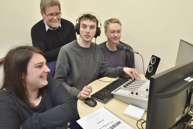 Debbie Holmes, Bernard Champness and Matthew Kisby with David Oldfield who is running the Access Community Radio at the Pyramid shopping centre. EMN-190904-162212009