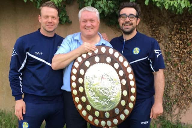 Peterborough Sports visionary Stephen 'Tommy' Cooper with manager Jimmy Dean (left) and assistant manager Dan Ruscillo (right).