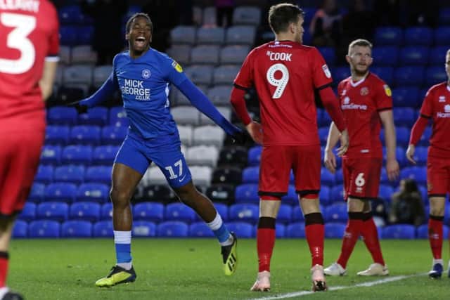 Posh striker Ivan Toney celebrates his equalising goal against Walsall in December.