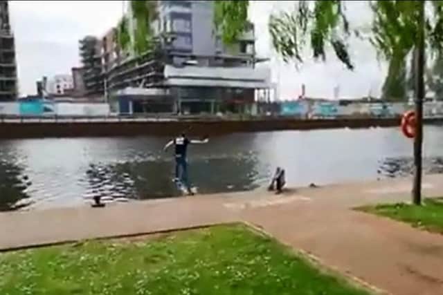 Gareth skateboarding into the Nene