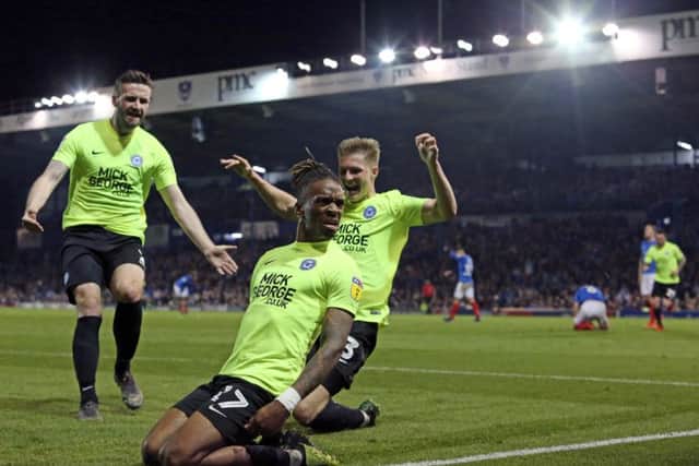 Posh striker Ivan Toney celebrates his match-winning goal at Portsmouth. Photo: Joe Dent/theposh.com.