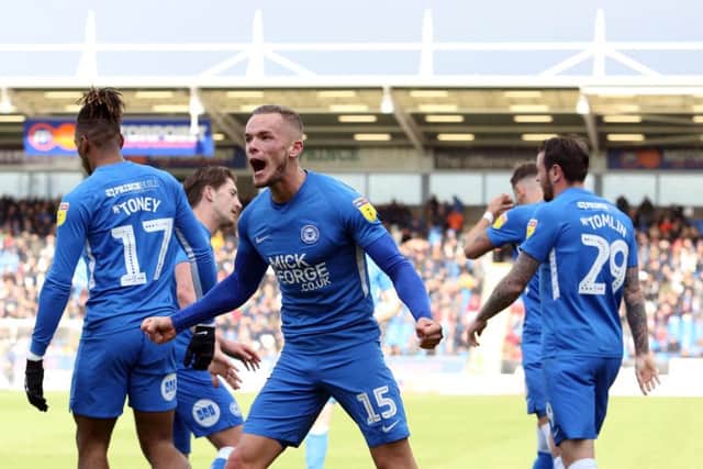 Joe Ward celebrates after putting Posh ahead against Burton. Photo: Joe Dent/theposh.com.
