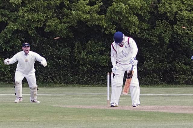 Andrew George of Marxch is bowled by Joe Dawborn of Eaton Socon. Photo: Pat Ringham.