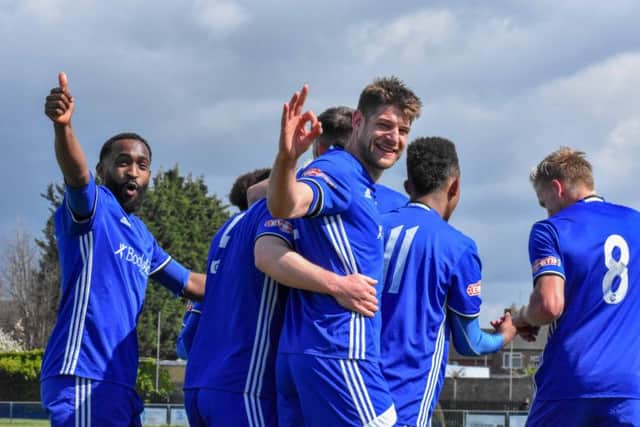 Peterborough Sports goal celebrations during a 5-1 win over Blackfield & Langley. Photo: James Richardson.