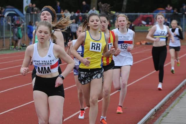 Action from the Under 15 girls 800m race.