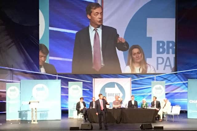 Nigel Farage speaking at the Brexit Party rally at the KingsGate Conference Centre