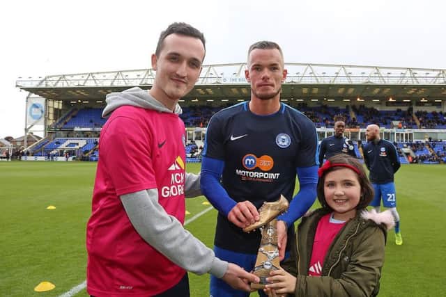 Joe Ward collects his Posh player-of-the-year award.