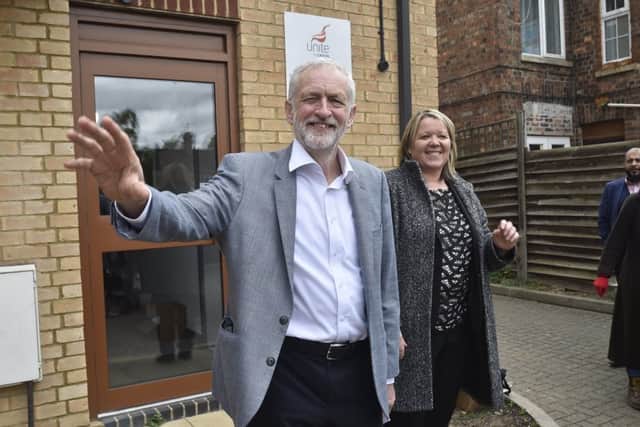 Jeremy Corbyn at the Unite the Union offices in Peterborough with Labour candidate Lisa Forbes EMN-190427-190919009