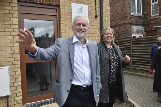 Jeremy Corbyn at the Unite the Union offices in Peterborough with Labour candidate Lisa Forbes EMN-190427-190919009