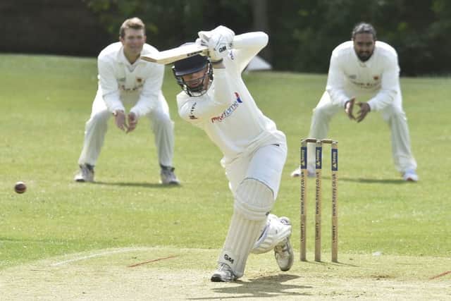 Josh Smith on his way to 63 for Peterboporough Town against Oundle. Photo: David Lowndes.