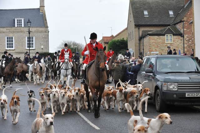 The Fitzwilliam Hunt Boxing Day meet from the Bell at Stilton. Leading the hounds is the whipper in George Adams EMN-141226-140513009
