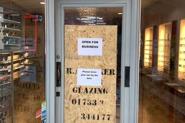 The aftermath of the damage to The Oculist in Westgate Arcade