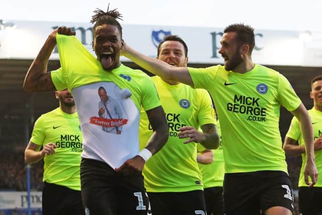 Ivan Toney pays tribute to a close friend after scoring at Portsmouth last month, Photo: Joe Dent/theposh.com.