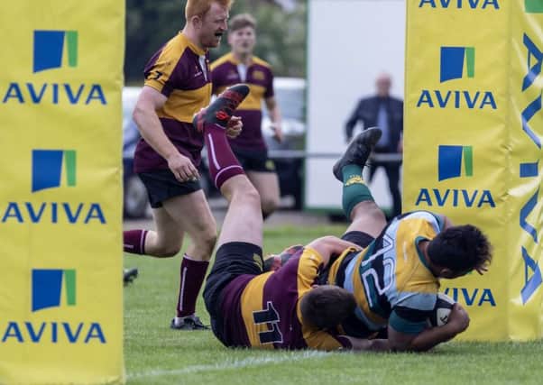 Peterborough Lions player Suva Ma'asi scores a try for the East Midlands against Leicestershire. Photo: Mick Sutterby, mick@picturethisphotography.