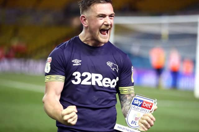 Jack Marriott celebrates his match-winning goals for Derby in the Championship play-off semi-final win over Leeds United.