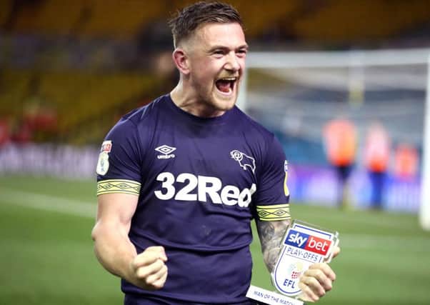 Jack Marriott celebrates his match-winning goals for Derby in the Championship play-off semi-final win over Leeds United.
