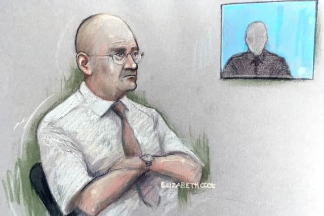 File photo dated 01/06/18 of a court artist sketch by Elizabeth Cook of Bob Higgins watching a witness interview in the dock at Salisbury Crown Court, as he has been found guilty at Bournemouth Crown Court of 45 charges of indecent assault against teenage boys. PRESS ASSOCIATION Photo. Issue date: Thursday May 23, 2019. See PA story COURTS Football. Photo credit should read: Elizabeth Cook/PA Wire EMN-190523-151424001