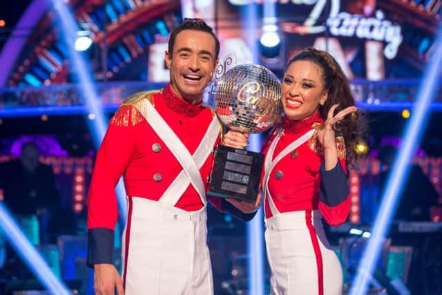 Katya Jones and Joe McFadden with the glitterball trophy after they won the final of the final of the BBC 1 show, Strictly Come Dancing in 2017. Photo: BBC