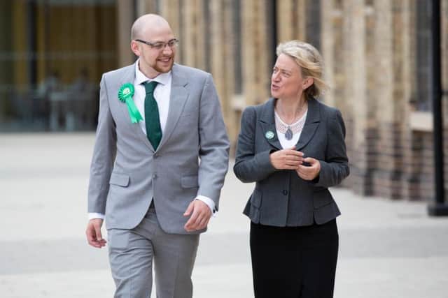 Joseph Wells and Natalie Bennett at Fletton Quays. Photo: Terry Harris