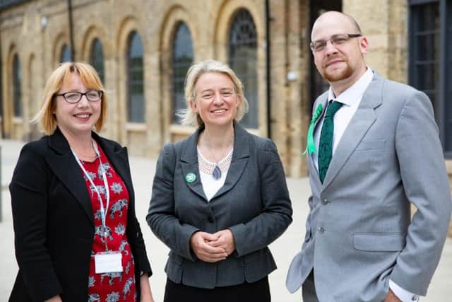 New Green councillor Nicola Day, Joseph Wells and Natalie Bennett at Fletton Quays. Photo: Terry Harris
