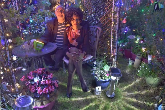 Andrea Connor's night garden at her home at Honeyhill, Paston. Also in the garden Robert Marshall from the Cambs National Garden Scheme EMN-190206-232926009