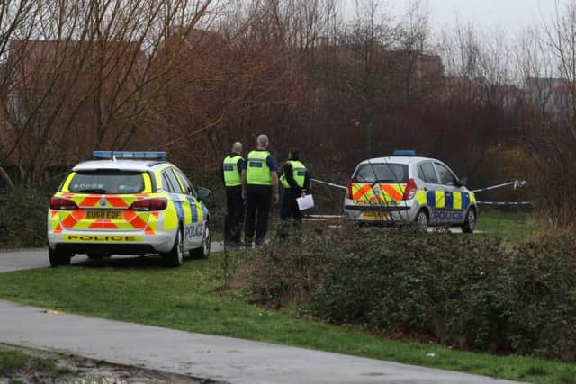 Police at the scene of the Marissa Aldrich murder in scrub land between Loves Way and Belland Hill in St Neots, Cambirdgeshire. Photo: SWNS